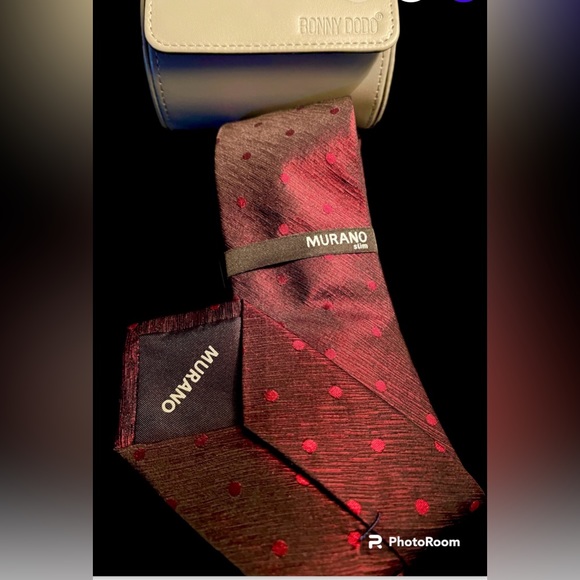 2Pc Murano High Sheen Red/black Tie& Leather Tie Case - Picture 9 of 10